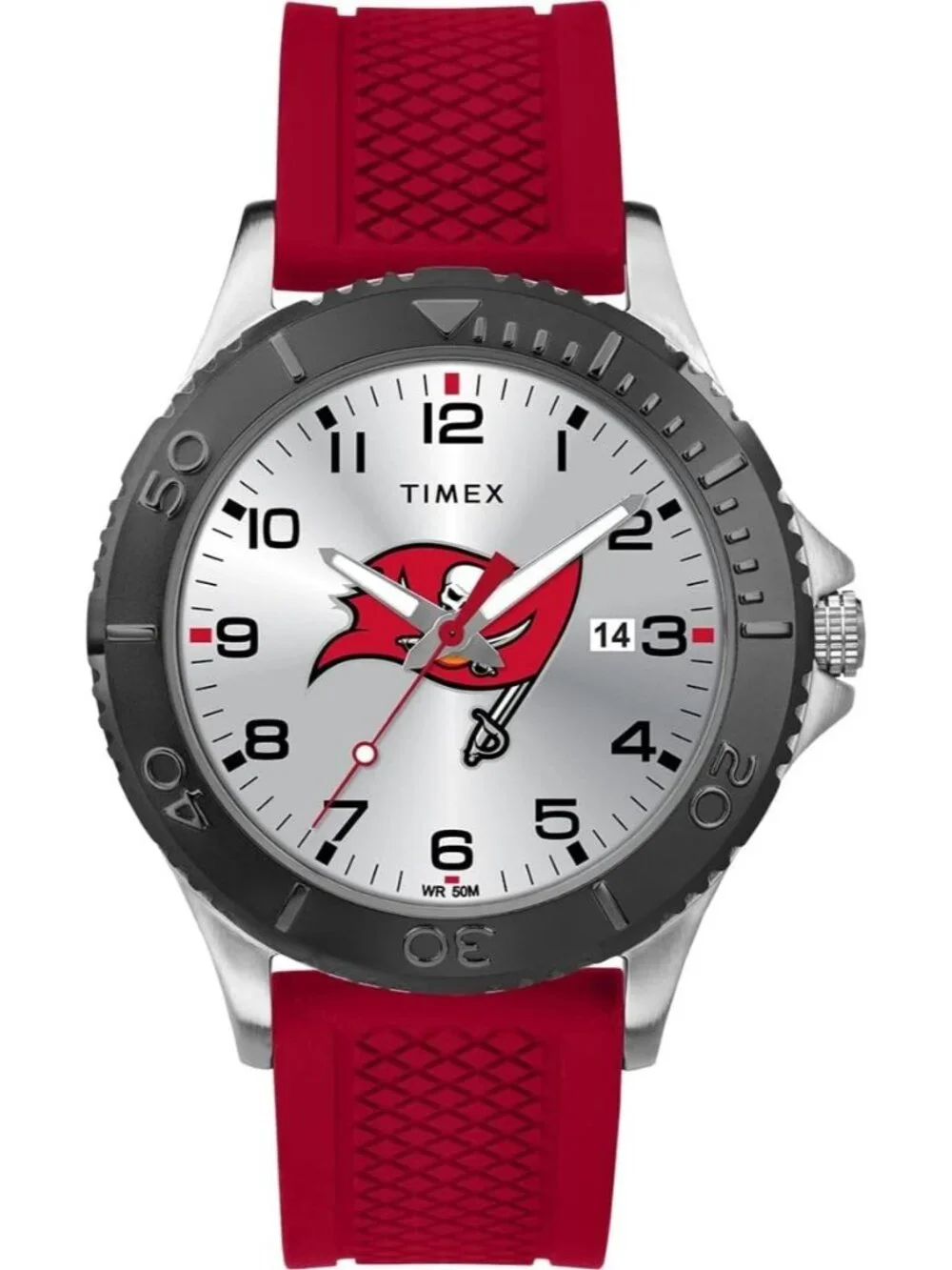 Mens Silver Red Rubber Band Analog NFL Gamer Tampa Bay Buccaneers Luminant Watch
